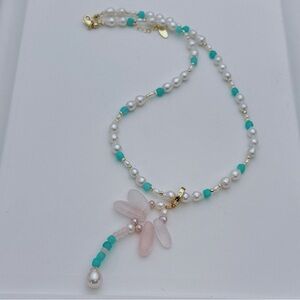 X729 Handmade Freshwater Pearl Necklace with Rose Quartz Dragonfly Pendant